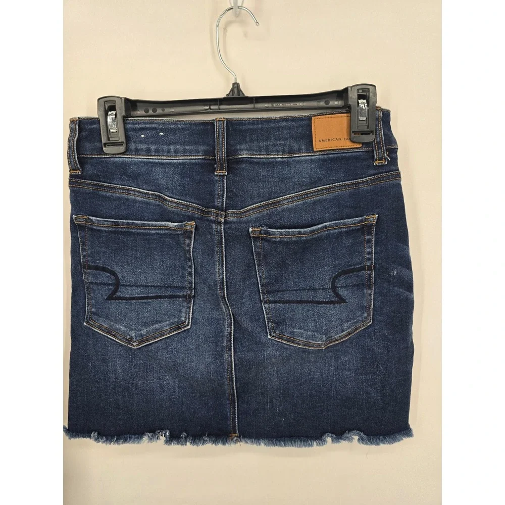 American Eagle Next Level Stretch Denim Mini Skirt Dark Wash Raw Hem Size 6
